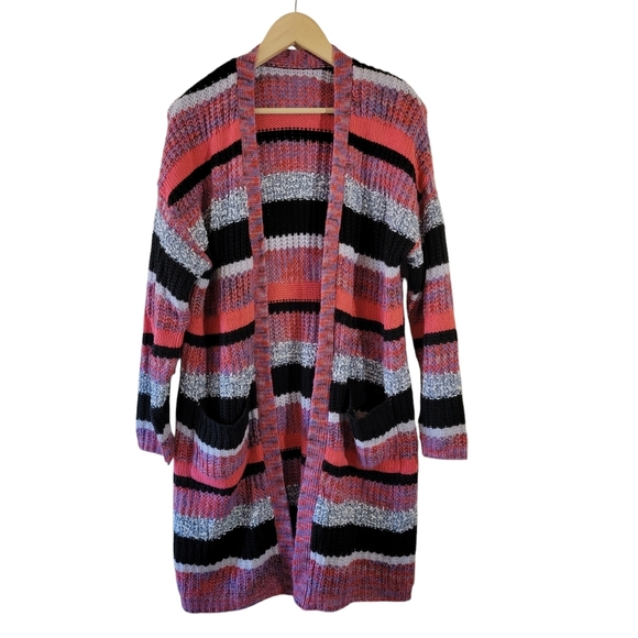 Women's Multicolored Striped Open Front Duster Cardigan L Boho Minimalist Pocket - Picture 1 of 11